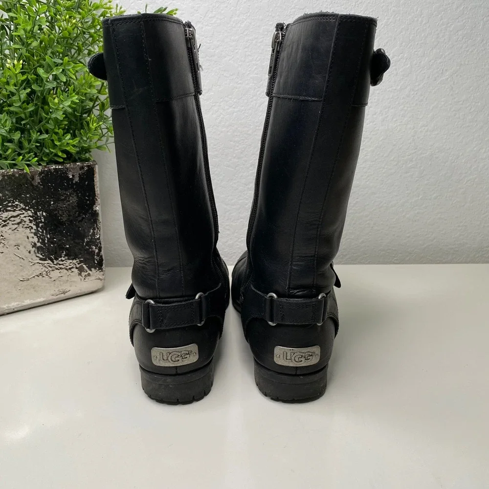 UGG‎ Gershwin Black Leather Tall Motorcycle Riding Boots Buckle Detail Size 7.5